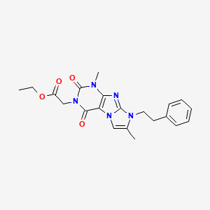 molecular formula C21H23N5O4 B2772666 乙酸2-(1,7-二甲基-2,4-二氧-8-苯乙基-1H-咪唑并[2,1-f]嘌呤-3(2H,4H,8H)-基)酯 CAS No. 887468-28-2