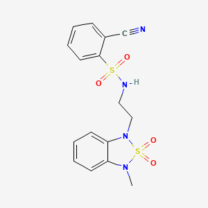 molecular formula C16H16N4O4S2 B2772800 2-氰基-N-(2-(3-甲基-2,2-二氧代苯并[c][1,2,5]噻二唑-1(3H)-基)乙基)苯磺酰胺 CAS No. 2034489-80-8