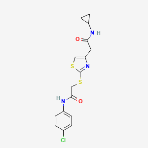 molecular formula C16H16ClN3O2S2 B2772810 N-(4-chlorophenyl)-2-((4-(2-(cyclopropylamino)-2-oxoethyl)thiazol-2-yl)thio)acetamide CAS No. 953955-38-9