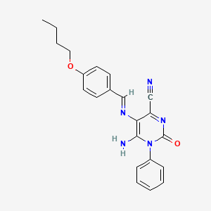 molecular formula C22H21N5O2 B2772820 5-{[(E)-(4-butoxyphenyl)methylidene]amino}-6-imino-2-oxo-1-phenyl-1,2,3,6-tetrahydro-4-pyrimidinecarbonitrile CAS No. 1047724-27-5