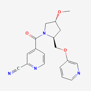 molecular formula C18H18N4O3 B2772824 4-[(2S,4R)-4-Methoxy-2-(pyridin-3-yloxymethyl)pyrrolidine-1-carbonyl]pyridine-2-carbonitrile CAS No. 2223241-66-3