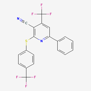 B2772880 6-Phenyl-4-(trifluoromethyl)-2-{[4-(trifluoromethyl)phenyl]sulfanyl}nicotinonitrile CAS No. 338749-50-1