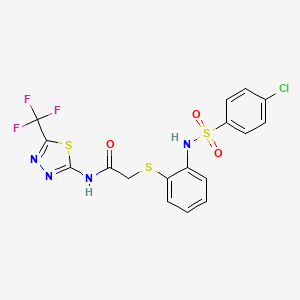 molecular formula C17H12ClF3N4O3S3 B2772963 2-[(2-{[(4-chlorophenyl)sulfonyl]amino}phenyl)sulfanyl]-N-[5-(trifluoromethyl)-1,3,4-thiadiazol-2-yl]acetamide CAS No. 478045-39-5