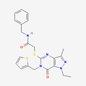molecular formula C22H23N5O2S2 B2772967 N~1~-benzyl-2-{[1-ethyl-3-methyl-7-oxo-6-(2-thienylmethyl)-6,7-dihydro-1H-pyrazolo[4,3-d]pyrimidin-5-yl]sulfanyl}acetamide CAS No. 1357784-41-8
