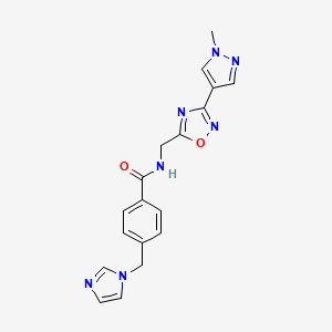 molecular formula C18H17N7O2 B2772977 4-((1H-imidazol-1-yl)methyl)-N-((3-(1-methyl-1H-pyrazol-4-yl)-1,2,4-oxadiazol-5-yl)methyl)benzamide CAS No. 2034383-44-1