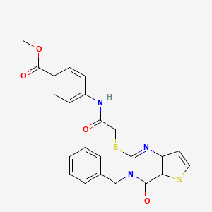 molecular formula C24H21N3O4S2 B2773061 ethyl 4-[2-({3-benzyl-4-oxo-3H,4H-thieno[3,2-d]pyrimidin-2-yl}sulfanyl)acetamido]benzoate CAS No. 451468-44-3