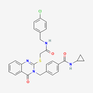 molecular formula C28H25ClN4O3S B2773075 4-((2-((2-((4-chlorobenzyl)amino)-2-oxoethyl)thio)-4-oxoquinazolin-3(4H)-yl)methyl)-N-cyclopropylbenzamide CAS No. 1115324-05-4