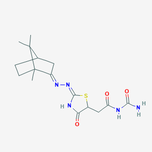 molecular formula C16H23N5O3S B2773122 N-氨基甲酰-2-{(2E)-4-氧代-2-[(2E)-(1,7,7-三甲基双环[2.2.1]庚-2-基)肼基亚)噻唑烷-5-基}乙酰胺 CAS No. 1008267-30-8