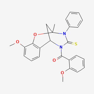 molecular formula C26H24N2O4S B2773168 10-methoxy-5-(2-methoxybenzoyl)-2-methyl-3-phenyl-2,3,5,6-tetrahydro-4H-2,6-methano-1,3,5-benzoxadiazocine-4-thione CAS No. 688749-91-9