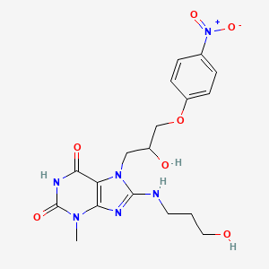 molecular formula C18H22N6O7 B2773175 7-(2-hydroxy-3-(4-nitrophenoxy)propyl)-8-((3-hydroxypropyl)amino)-3-methyl-1H-purine-2,6(3H,7H)-dione CAS No. 300589-16-6