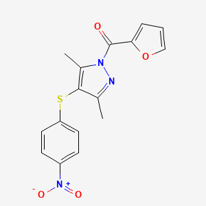 molecular formula C16H13N3O4S B2773176 [3,5-二甲基-4-(4-硝基苯基硫基)-吡唑-1-基]-呋喃-2-基甲酮 CAS No. 394237-05-9