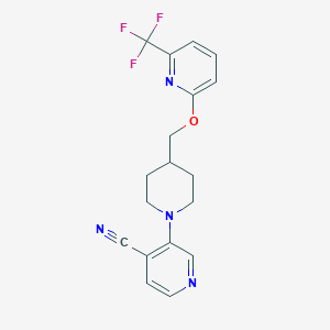 molecular formula C18H17F3N4O B2773200 3-[4-[[6-(Trifluoromethyl)pyridin-2-yl]oxymethyl]piperidin-1-yl]pyridine-4-carbonitrile CAS No. 2415534-00-6