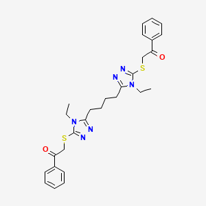 molecular formula C28H32N6O2S2 B2773208 2-[[4-Ethyl-5-[4-(4-ethyl-5-phenacylsulfanyl-1,2,4-triazol-3-yl)butyl]-1,2,4-triazol-3-yl]sulfanyl]-1-phenylethanone CAS No. 609792-43-0