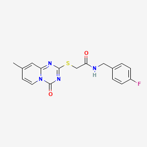 molecular formula C17H15FN4O2S B2773240 N-[(4-氟苯基)甲基]-2-(8-甲基-4-氧代吡啶并[1,2-a][1,3,5]三嗪-2-基)硫醚乙酰胺 CAS No. 896331-65-0