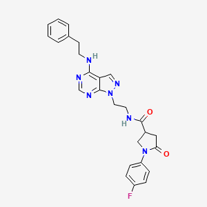 molecular formula C26H26FN7O2 B2773255 1-(4-fluorophenyl)-5-oxo-N-(2-(4-(phenethylamino)-1H-pyrazolo[3,4-d]pyrimidin-1-yl)ethyl)pyrrolidine-3-carboxamide CAS No. 1171090-33-7