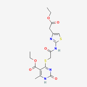 molecular formula C17H20N4O6S2 B2773345 Ethyl 4-((2-((4-(2-ethoxy-2-oxoethyl)thiazol-2-yl)amino)-2-oxoethyl)thio)-6-methyl-2-oxo-1,2-dihydropyrimidine-5-carboxylate CAS No. 899727-19-6
