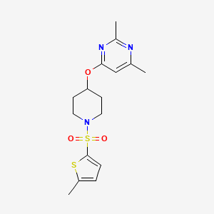 molecular formula C16H21N3O3S2 B2773433 2,4-Dimethyl-6-((1-((5-methylthiophen-2-yl)sulfonyl)piperidin-4-yl)oxy)pyrimidine CAS No. 2034617-32-6