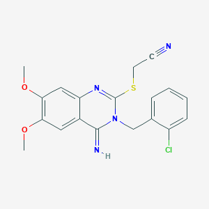 molecular formula C19H17ClN4O2S B2773511 2-{[3-(2-Chlorobenzyl)-4-imino-6,7-dimethoxy-3,4-dihydro-2-quinazolinyl]sulfanyl}acetonitrile CAS No. 860610-64-6