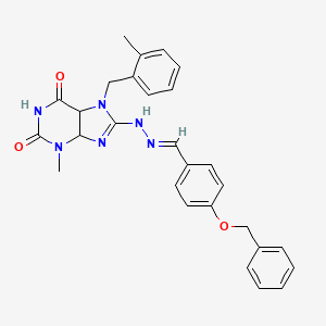 molecular formula C28H26N6O3 B2773585 8-[(E)-2-{[4-(benzyloxy)phenyl]methylidene}hydrazin-1-yl]-3-methyl-7-[(2-methylphenyl)methyl]-2,3,6,7-tetrahydro-1H-purine-2,6-dione CAS No. 1799255-29-0