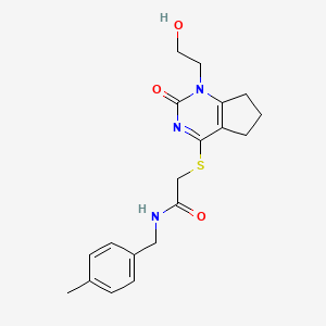 molecular formula C19H23N3O3S B2773665 2-((1-(2-hydroxyethyl)-2-oxo-2,5,6,7-tetrahydro-1H-cyclopenta[d]pyrimidin-4-yl)thio)-N-(4-methylbenzyl)acetamide CAS No. 941920-16-7