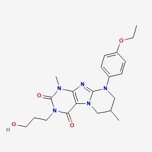 molecular formula C21H27N5O4 B2773680 9-(4-ethoxyphenyl)-3-(3-hydroxypropyl)-1,7-dimethyl-7,8-dihydro-6H-purino[7,8-a]pyrimidine-2,4-dione CAS No. 844451-36-1