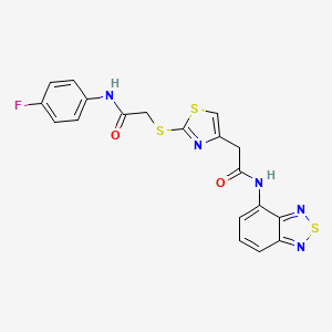 molecular formula C19H14FN5O2S3 B2773689 N-(benzo[c][1,2,5]thiadiazol-4-yl)-2-(2-((2-((4-fluorophenyl)amino)-2-oxoethyl)thio)thiazol-4-yl)acetamide CAS No. 1203086-23-0