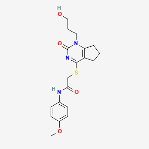 molecular formula C19H23N3O4S B2773746 2-((1-(3-hydroxypropyl)-2-oxo-2,5,6,7-tetrahydro-1H-cyclopenta[d]pyrimidin-4-yl)thio)-N-(4-methoxyphenyl)acetamide CAS No. 899973-79-6