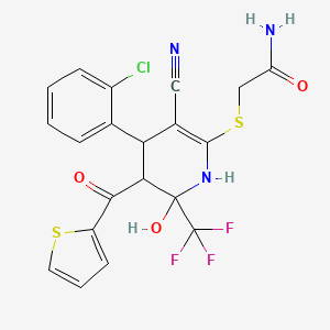 molecular formula C20H15ClF3N3O3S2 B2773809 2-((4-(2-Chlorophenyl)-3-cyano-6-hydroxy-5-(thiophene-2-carbonyl)-6-(trifluoromethyl)-1,4,5,6-tetrahydropyridin-2-yl)thio)acetamide CAS No. 347363-75-1