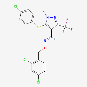 molecular formula C19H13Cl3F3N3OS B2773858 5-[(4-chlorophenyl)sulfanyl]-1-methyl-3-(trifluoromethyl)-1H-pyrazole-4-carbaldehyde O-(2,4-dichlorobenzyl)oxime CAS No. 321553-27-9
