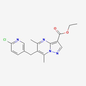 molecular formula C17H17ClN4O2 B2773867 乙酸乙酯 6-[(6-氯-3-吡啶基)甲基]-5,7-二甲基吡唑并[1,5-a]嘧啶-3-甲酸酯 CAS No. 866149-11-3