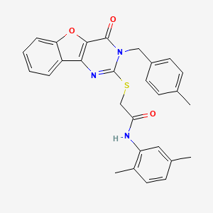 molecular formula C28H25N3O3S B2773878 N-(2,5-二甲基苯基)-2-{[3-(4-甲基苯甲基)-4-氧代-3,4-二氢[1]苯并呋喃[3,2-d]嘧啶-2-基]硫基}乙酰胺 CAS No. 866894-77-1