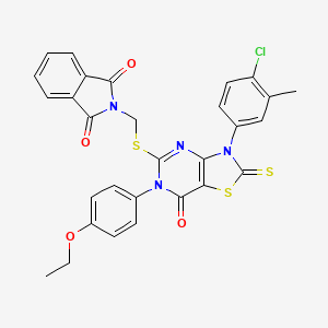 molecular formula C29H21ClN4O4S3 B2773879 2-(((3-(4-Chloro-3-methylphenyl)-6-(4-ethoxyphenyl)-7-oxo-2-thioxo-2,3,6,7-tetrahydrothiazolo[4,5-d]pyrimidin-5-yl)thio)methyl)isoindoline-1,3-dione CAS No. 422306-07-8