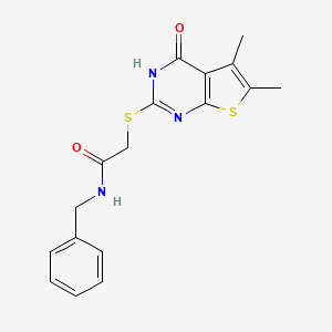 molecular formula C17H17N3O2S2 B2774011 N-benzyl-2-[(5,6-dimethyl-4-oxo-3,4-dihydrothieno[2,3-d]pyrimidin-2-yl)sulfanyl]acetamide CAS No. 457952-05-5