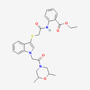 molecular formula C27H31N3O5S B2774062 ethyl 2-(2-((1-(2-(2,6-dimethylmorpholino)-2-oxoethyl)-1H-indol-3-yl)thio)acetamido)benzoate CAS No. 896006-70-5