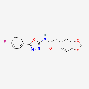 molecular formula C17H12FN3O4 B2774104 2-(苯并[d][1,3]二噁杂环-5-基)-N-(5-(4-氟苯基)-1,3,4-噻二唑-2-基)乙酰胺 CAS No. 922066-73-7