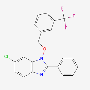 molecular formula C21H14ClF3N2O B2774110 6-chloro-2-phenyl-1-{[3-(trifluoromethyl)benzyl]oxy}-1H-1,3-benzimidazole CAS No. 338978-66-8