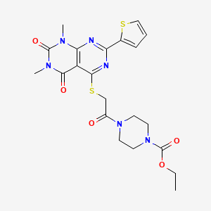 molecular formula C21H24N6O5S2 B2774139 Ethyl 4-(2-((6,8-dimethyl-5,7-dioxo-2-(thiophen-2-yl)-5,6,7,8-tetrahydropyrimido[4,5-d]pyrimidin-4-yl)thio)acetyl)piperazine-1-carboxylate CAS No. 847191-53-1