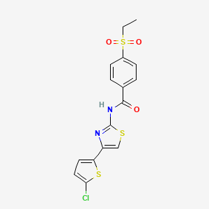 molecular formula C16H13ClN2O3S3 B2774206 N-(4-(5-chlorothiophen-2-yl)thiazol-2-yl)-4-(ethylsulfonyl)benzamide CAS No. 896365-70-1