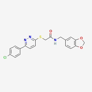 molecular formula C20H16ClN3O3S B2774214 N-(1,3-苯并二氧杂环[5.5.1]十一烯-5-基甲基)-2-[6-(4-氯苯基)吡啶并[3,4-d]嘧啶-3-基]硫代乙酰胺 CAS No. 872688-62-5