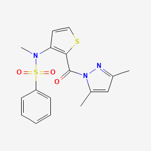 molecular formula C17H17N3O3S2 B2774244 N-{2-[(3,5-dimethyl-1H-pyrazol-1-yl)carbonyl]-3-thienyl}-N-methylbenzenesulfonamide CAS No. 1710202-93-9