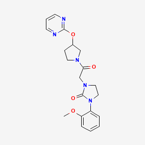 molecular formula C20H23N5O4 B2774263 1-(2-甲氧基苯基)-3-(2-氧代-2-(3-(嘧啶-2-基氧基)吡咯啉-1-基)乙基)咪唑烷-2-酮 CAS No. 2034577-93-8
