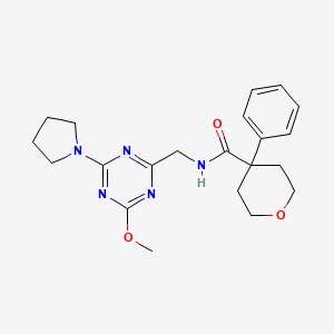 N-((4-methoxy-6-(pyrrolidin-1-yl)-1,3,5-triazin-2-yl)methyl)-4-phenyltetrahydro-2H-pyran-4-carboxamide