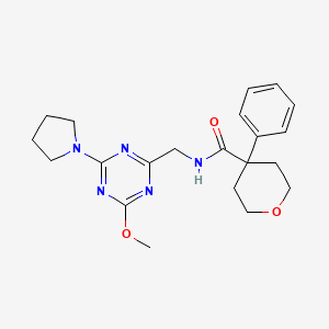 molecular formula C21H27N5O3 B2774281 N-((4-methoxy-6-(pyrrolidin-1-yl)-1,3,5-triazin-2-yl)methyl)-4-phenyltetrahydro-2H-pyran-4-carboxamide CAS No. 2034277-78-4