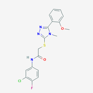 molecular formula C18H16ClFN4O2S B277442 N-(3-chloro-4-fluorophenyl)-2-{[5-(2-methoxyphenyl)-4-methyl-4H-1,2,4-triazol-3-yl]sulfanyl}acetamide 