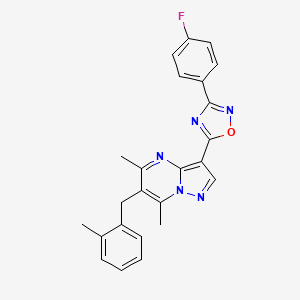 molecular formula C24H20FN5O B2774457 3-[3-(4-Fluorophenyl)-1,2,4-oxadiazol-5-yl]-5,7-dimethyl-6-(2-methylbenzyl)pyrazolo[1,5-a]pyrimidine CAS No. 1031977-57-7