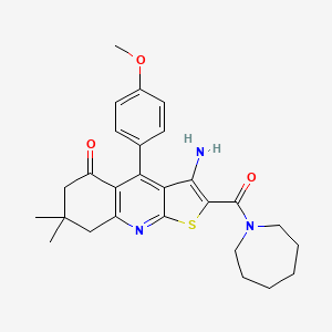 molecular formula C27H31N3O3S B2774537 3-氨基-2-(氮杂庚烷-1-甲酰)-4-(4-甲氧基苯基)-7,7-二甲基-7,8-二氢噻吩[2,3-b]喹啉-5(6H)-酮 CAS No. 850782-23-9