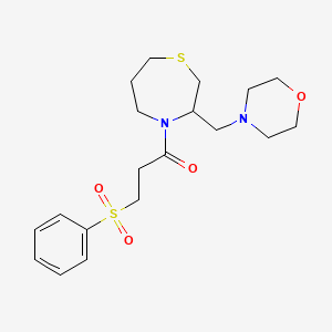 molecular formula C19H28N2O4S2 B2774542 1-(3-(Morpholinomethyl)-1,4-thiazepan-4-yl)-3-(phenylsulfonyl)propan-1-one CAS No. 1426314-82-0