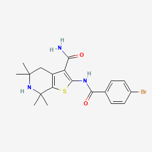 molecular formula C19H22BrN3O2S B2774589 2-[(4-Bromobenzoyl)amino]-5,5,7,7-tetramethyl-4,6-dihydrothieno[2,3-c]pyridine-3-carboxamide CAS No. 887898-08-0