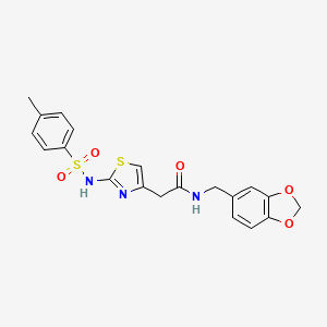 molecular formula C20H19N3O5S2 B2774597 N-(benzo[d][1,3]dioxol-5-ylmethyl)-2-(2-(4-methylphenylsulfonamido)thiazol-4-yl)acetamide CAS No. 922047-22-1