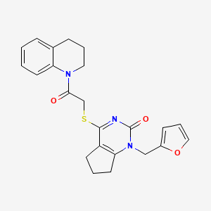 molecular formula C23H23N3O3S B2774624 4-[2-(3,4-dihydro-2H-quinolin-1-yl)-2-oxoethyl]sulfanyl-1-(furan-2-ylmethyl)-6,7-dihydro-5H-cyclopenta[d]pyrimidin-2-one CAS No. 932962-08-8